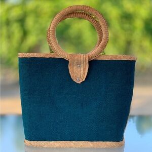 Teal Burlap and Straw Bucket Tote, Market Bag, Arm Bag